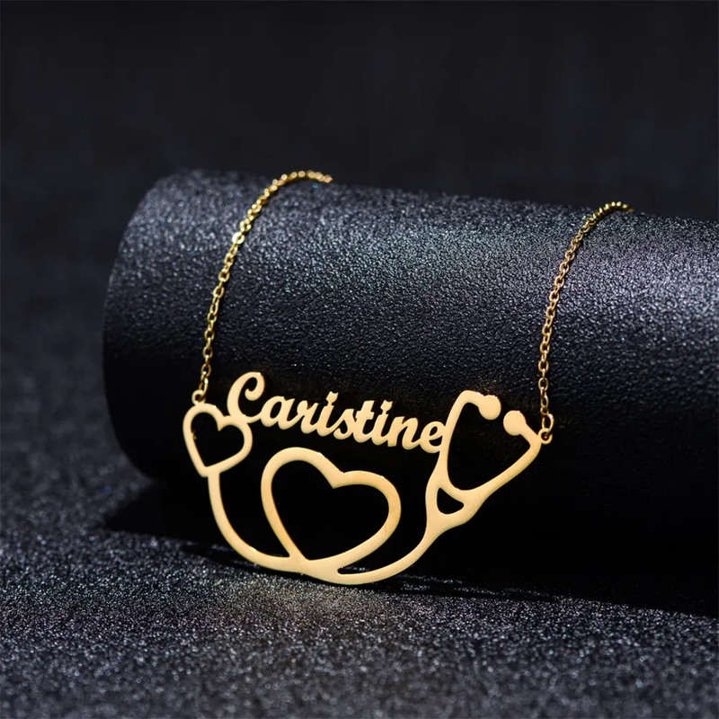 Dainty Stethoscope Love Overlay Heart Name Necklace