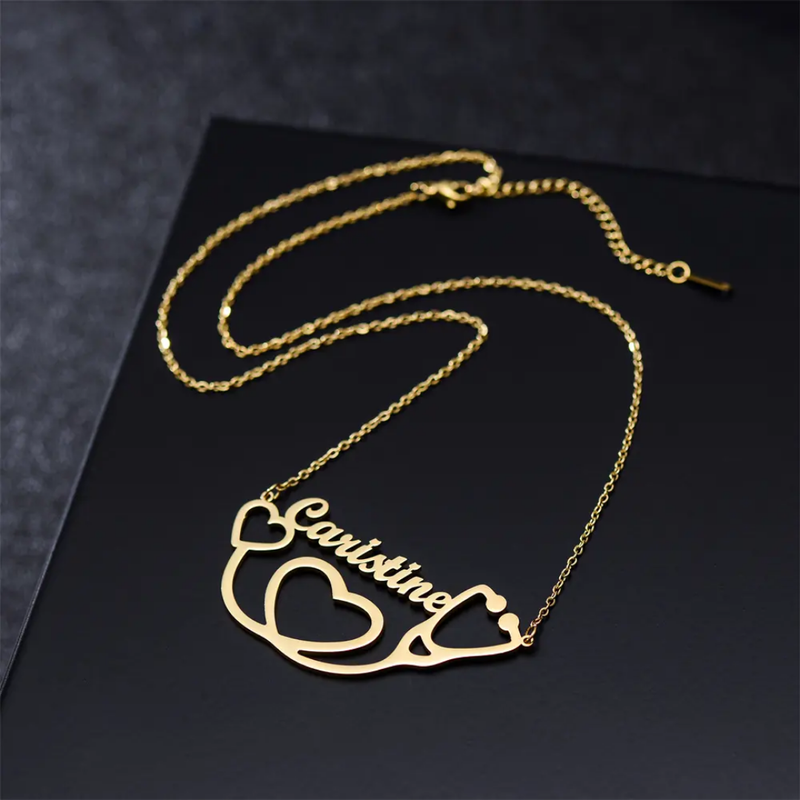 Dainty Stethoscope Love Overlay Heart Name Necklace
