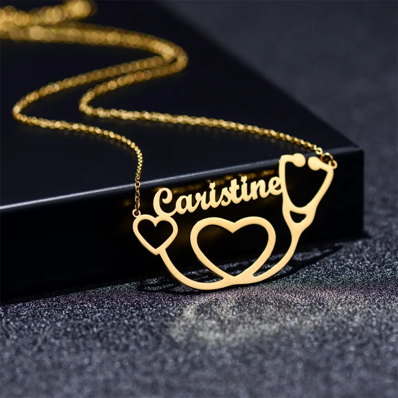 Dainty Stethoscope Love Overlay Heart Name Necklace