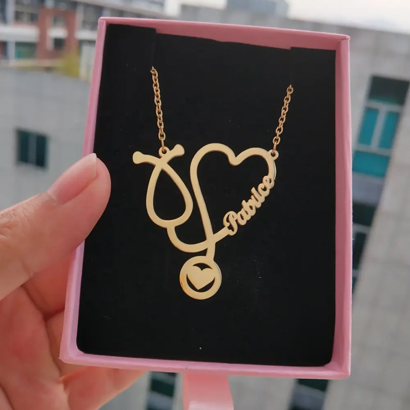 Stethoscope Doctor Name Heart Necklace