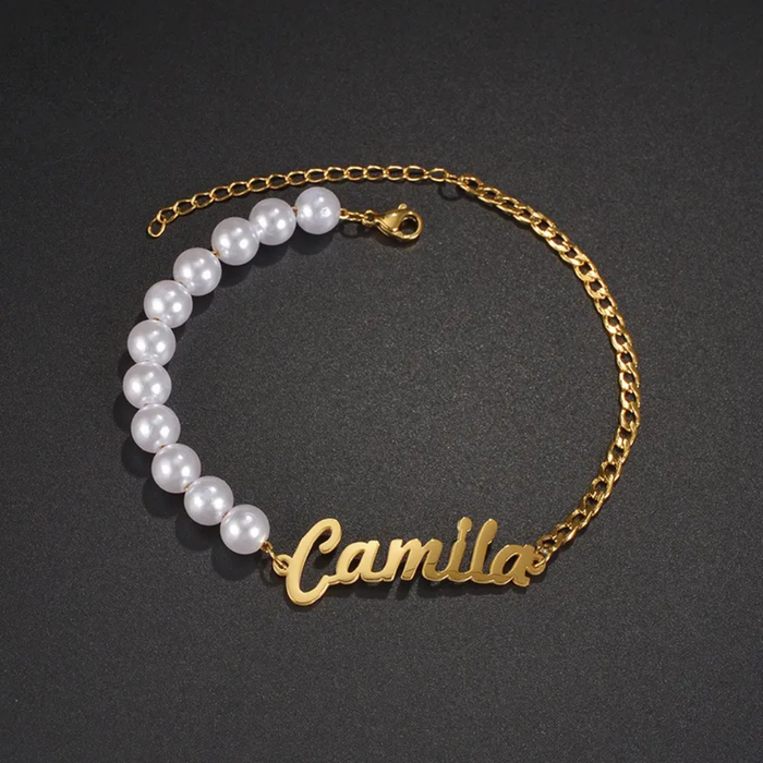 Half Pearl and Half Cuban Name Bracelet