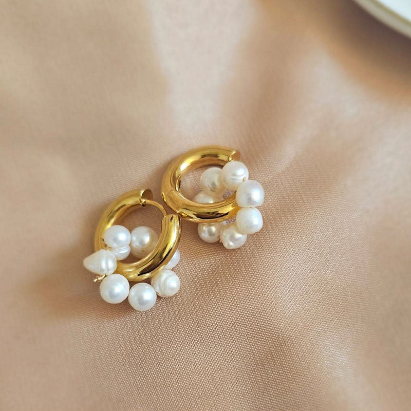 Flower Pearl Tunnel Hoop Earrings - Pearls with Hoops