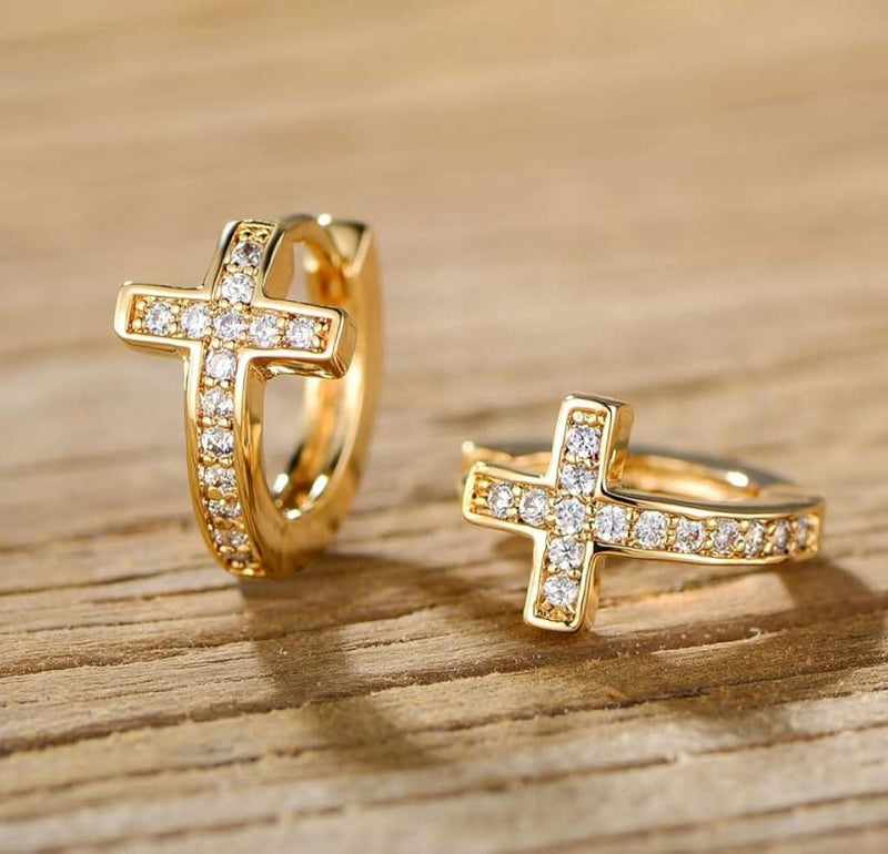 Barzel Gold Plated Crystal Cross Huggie Earrings-Earrings-Sairahaz Jewelers