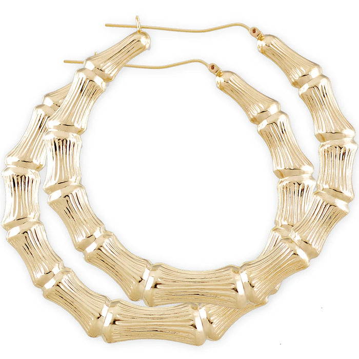 Large 10K Real Gold 3-Inch Hollow Bamboo Style Door Knocker Hoop Earrings – Round Design (GB16)