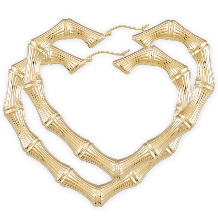 10k or 14k Real Gold Large Skinny Heart-Shaped Bamboo Hollow Earrings – Fine Jewelry, 2.9 Inches Wide
