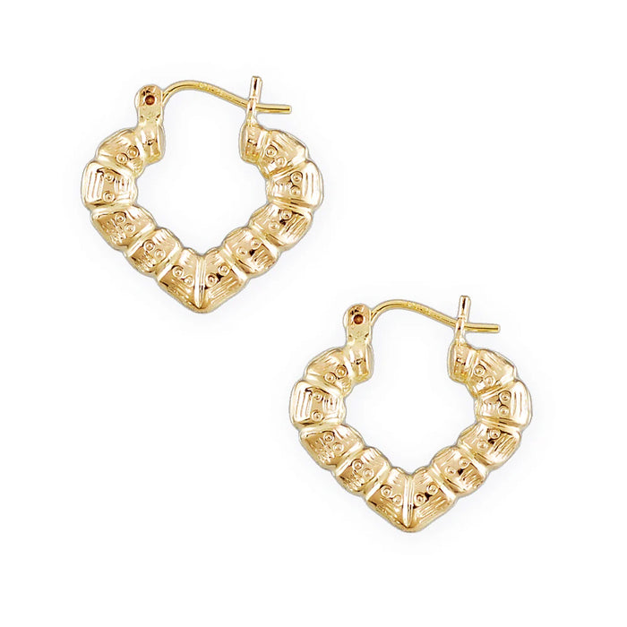 Small 10K Gold Puffy Heart Bamboo Earrings, 0.75 Inch Wide Perfect Baby Jewelry