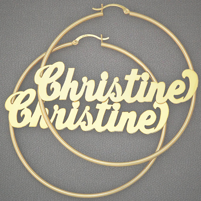 Large 14k Real Gold 2mm Tube Hoop Earrings – Custom Made Personalized Shiny Name, 2.5 Inches