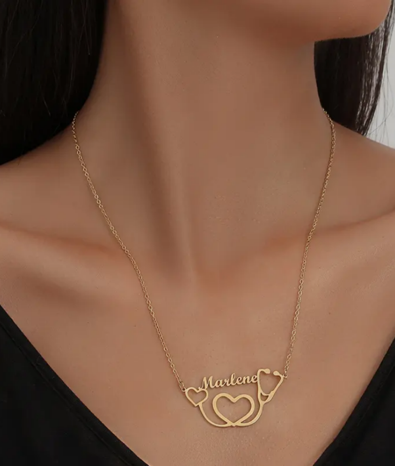 Dainty Stethoscope Love Overlay Heart Name Necklace
