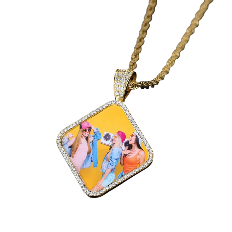 Picture Pendent Diamond Shape CZ Frame Caharm Necklace