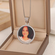 Picure Round Pendent CZ Frame Caharm Necklace