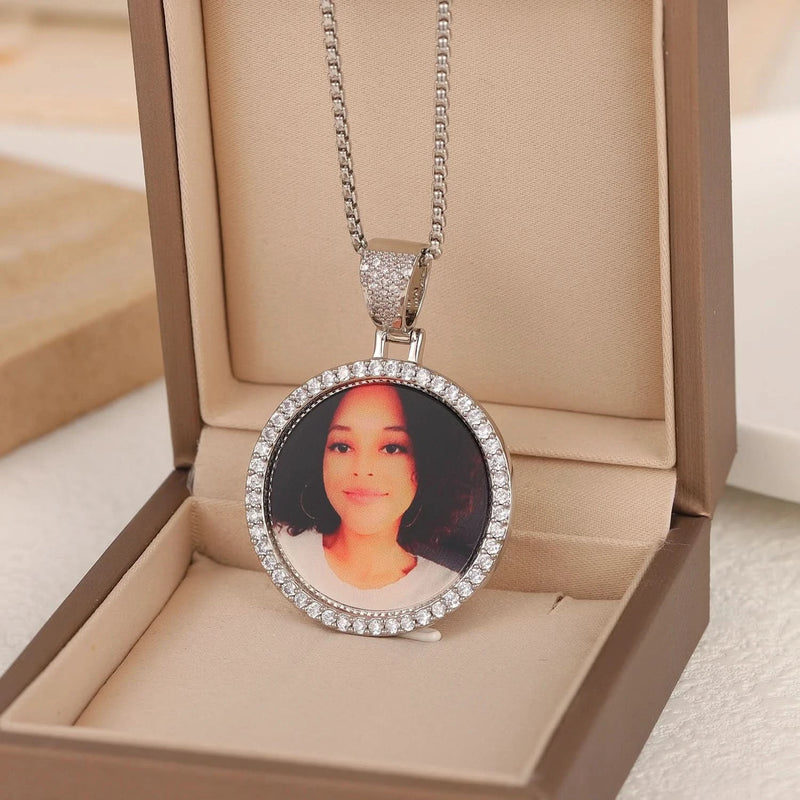 Picure Round Pendent CZ Frame Caharm Necklace