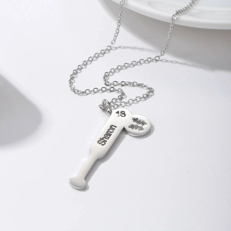 Baseball Bat & Ball Name Necklace with Number-Custom Baseball Necklace-Sairahaz Jewelers