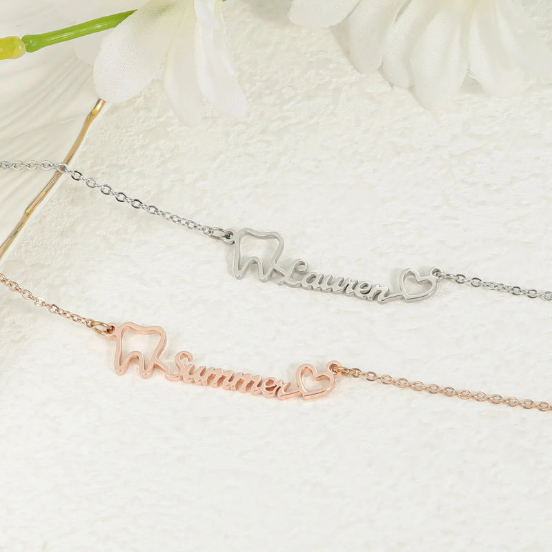 Personalized Dental Tooth Heart Custom Name Necklace