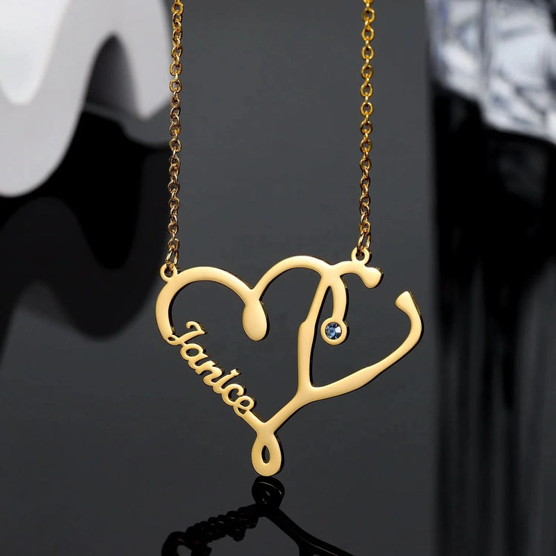 Stethoscope Custom Name Necklace With Personalized CZ Birthstone