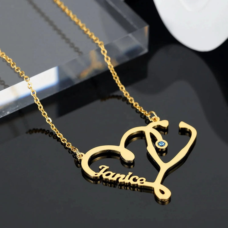 Stethoscope Custom Name Necklace With Personalized CZ Birthstone