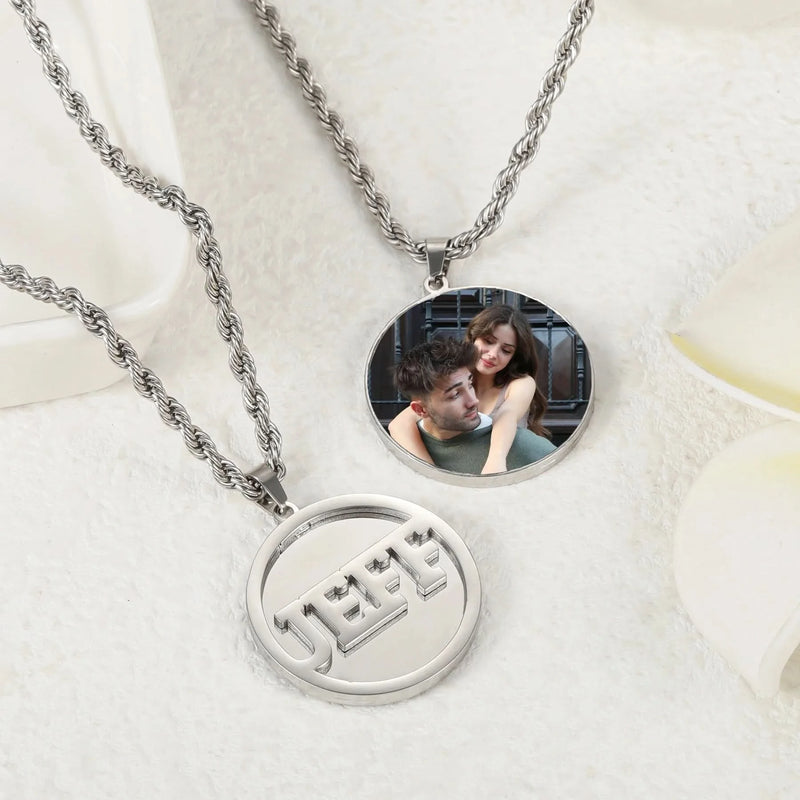 Picure Pendent Necklace Round Shape with Custom Name