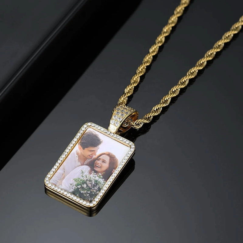 Picture Pendent Rectangle Shape CZ Rhinestone Frame Necklace