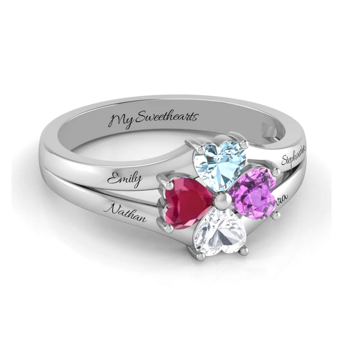 Sterling Silver 4 CZ Hearts Custom Name Birthstone Ring