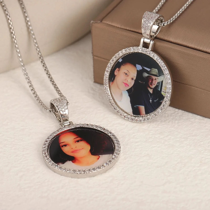 Picure Round Pendent CZ Frame Caharm Necklace