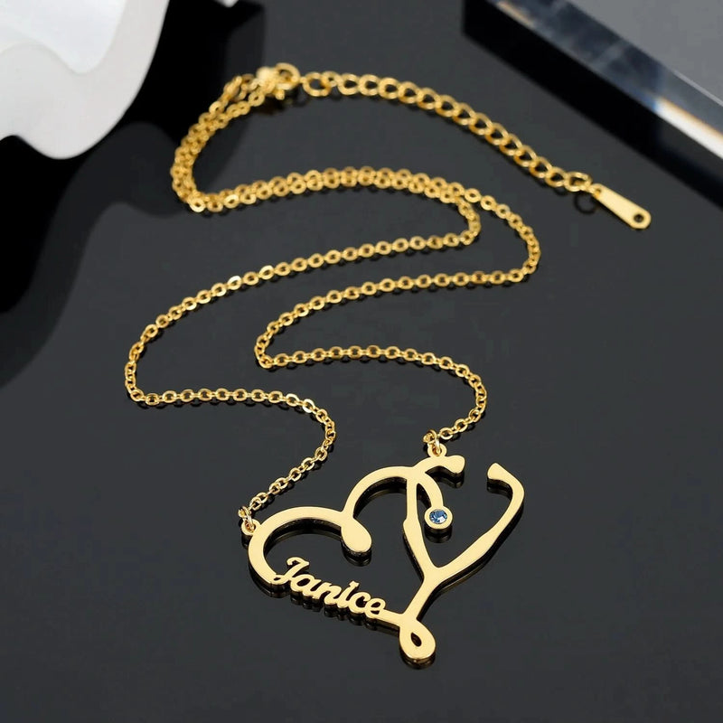 Stethoscope Custom Name Necklace With Personalized CZ Birthstone