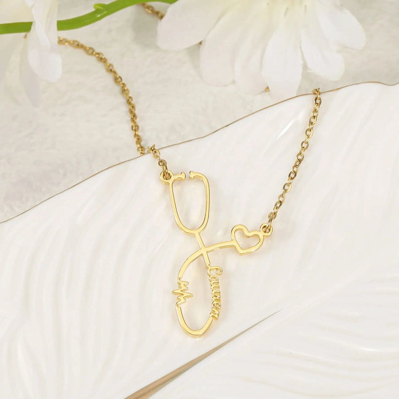 Heartbeat Stethoscope Custom Name Necklace