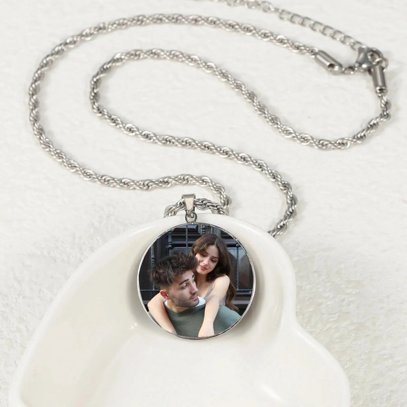 Picure Pendent Necklace Round Shape with Custom Name
