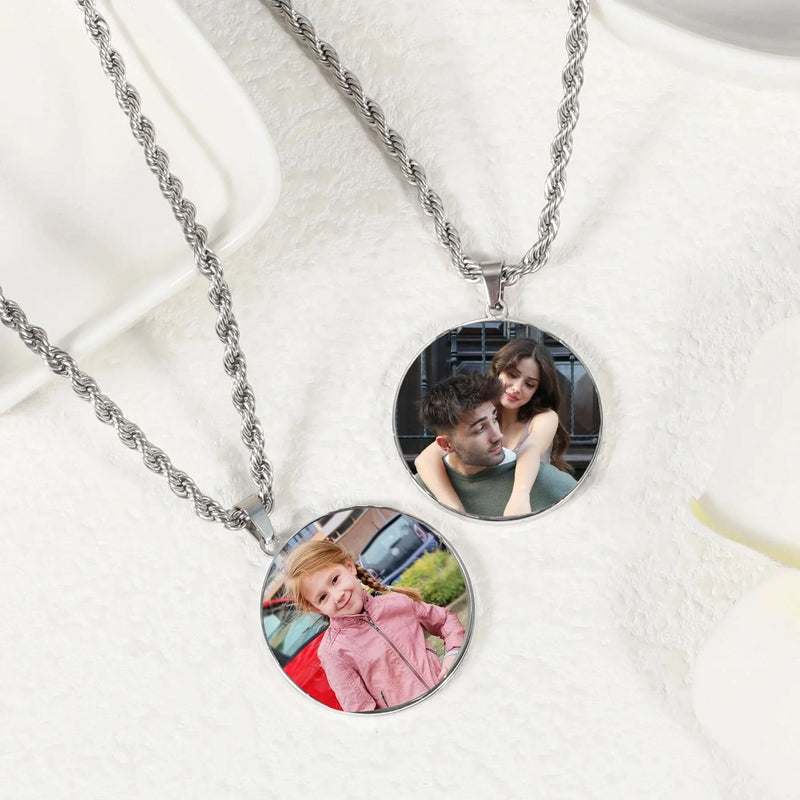 Picure Pendent Necklace Round Shape with Custom Name