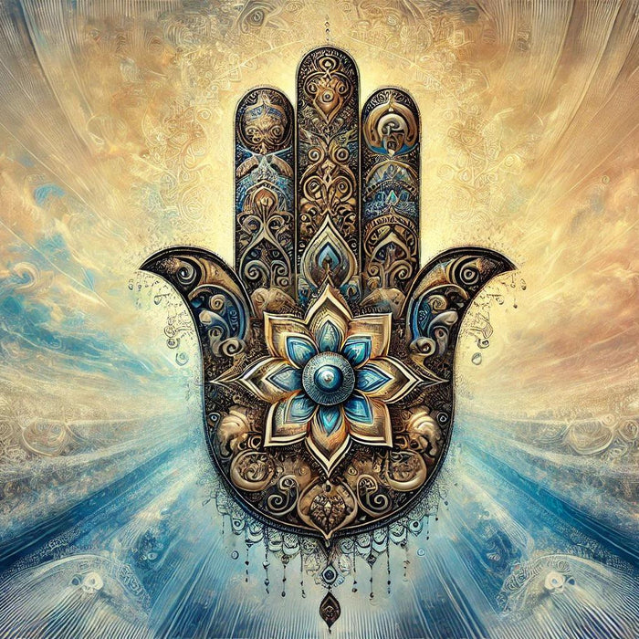 An artistic depiction of the Hamsa Hand, detailed and ornate with intricate patterns and designs. The background 