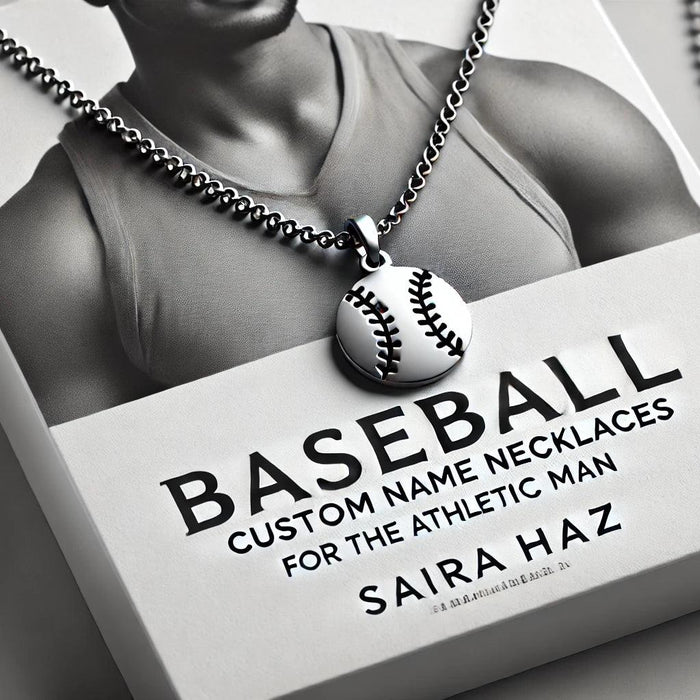Simple, athletic-themed image of a custom name necklace with a baseball-inspired pendant, featuring the name in a bold, sporty font. 