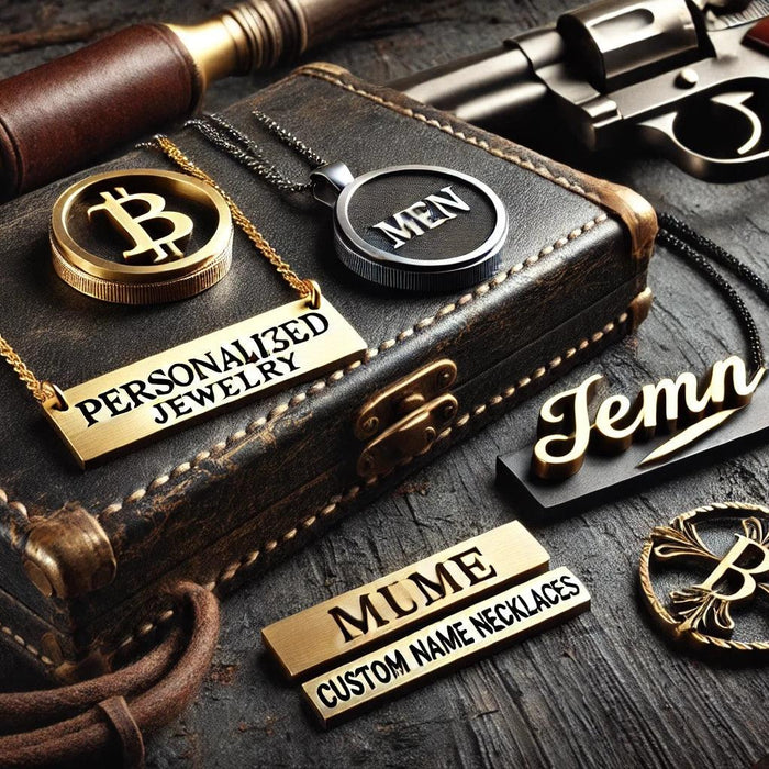 Stylish image of personalized men's name necklaces in gold, silver, and black metal, displayed on a dark, textured background.