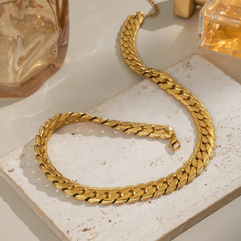 Pave Edge Cuban Curb Chain Necklace 18K Gold Plated