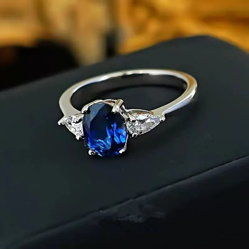 Royal Blue Lab-Created Sapphire & CZ Three-Stone Ring