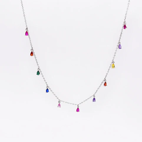 Multi Color Rainbow Station Necklace Sterling Silver 925