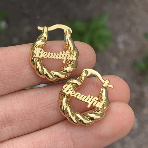 Custom Name Earring, gold Plated Personalized Name Earring on hands