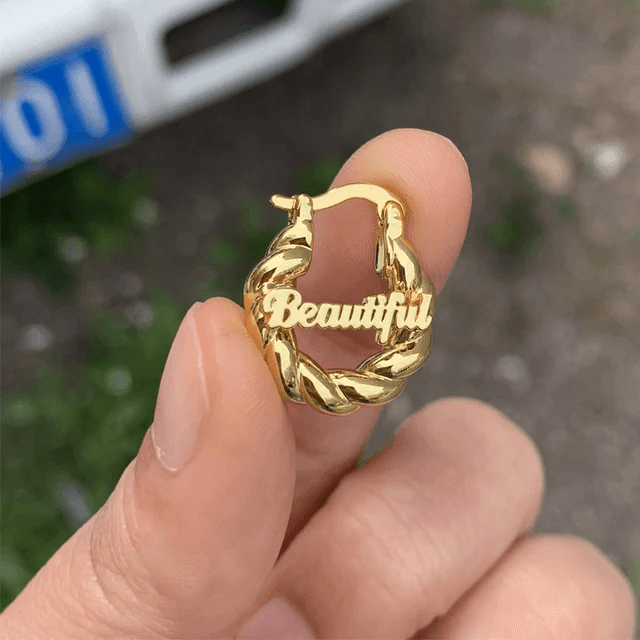 Custom Name Earring, gold Plated Personalized Name Earring on fingers