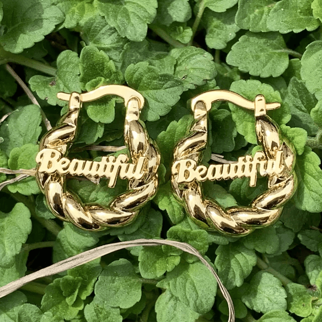 Custom Name Earring, gold Plated Personalized Name Earring green in back