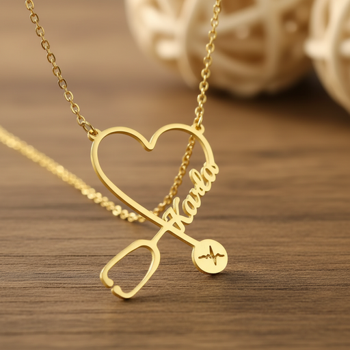 Heart stethoscope custom name necklace with personalized script pendant
