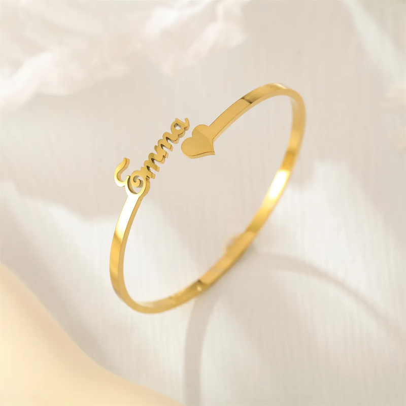 Custom Open Cuff Bangle With Heart Bracelet