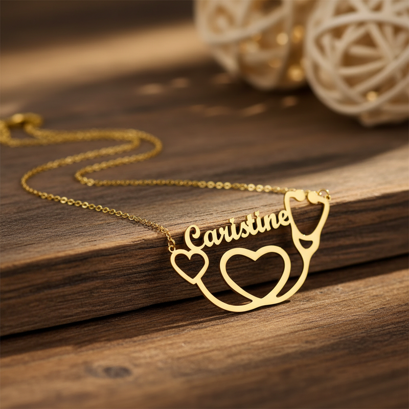 Dainty personalized stethoscope name necklace in 18K gold plated finish