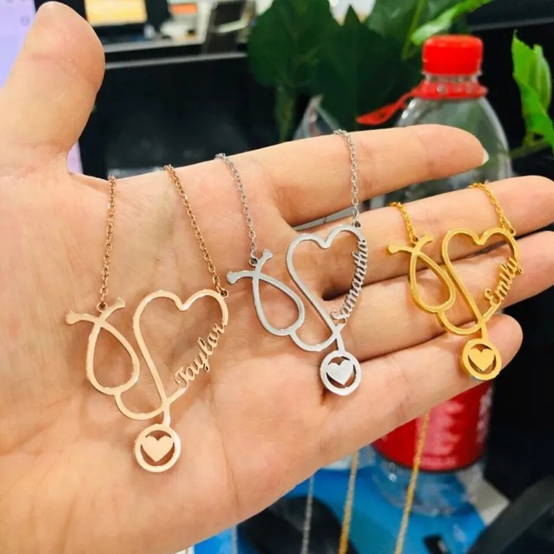Stethoscope Doctor Name Heart Necklace