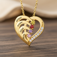 Crystal Birthstone Heart Necklace with 2 to 4 Names - Name Necklace - Gift for Her - Sairahaz