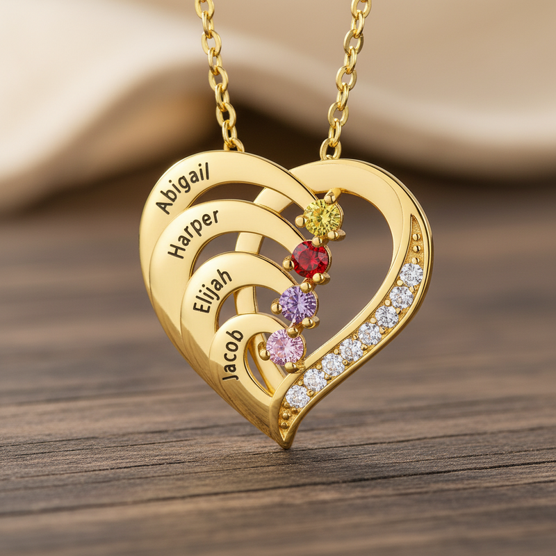 Crystal Birthstone Heart Necklace with 2 to 4 Names