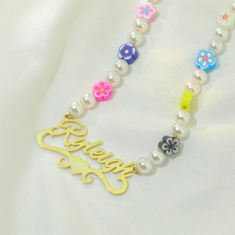 Color Flower Bead Letter Name Kids Necklace 18K Gold Vermeil
