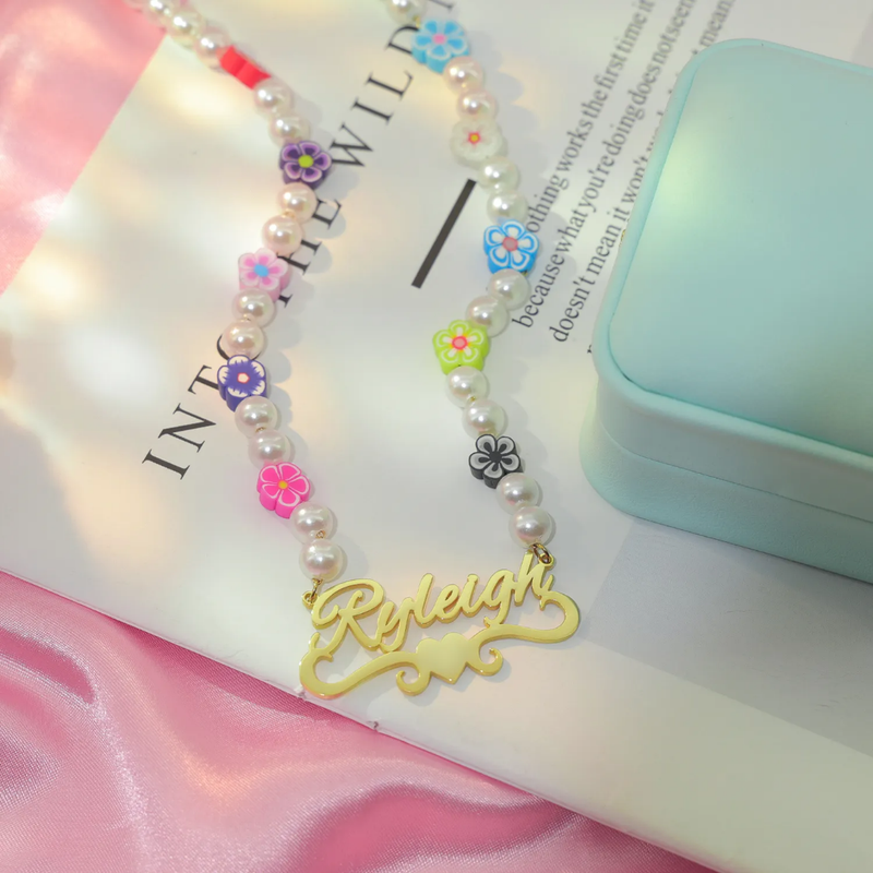 Color Flower Bead Letter Name Kids Necklace 18K Gold Vermeil