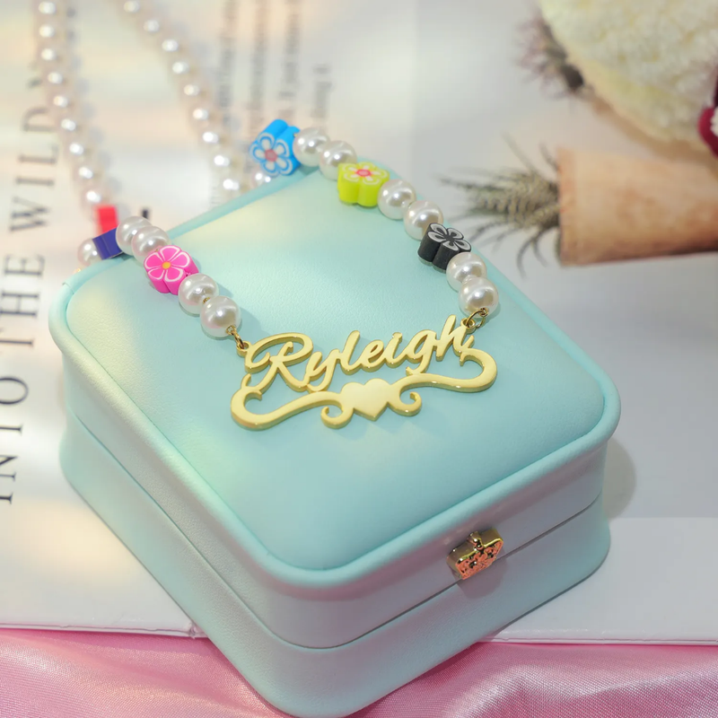 Color Flower Bead Letter Name Kids Necklace 18K Gold Vermeil
