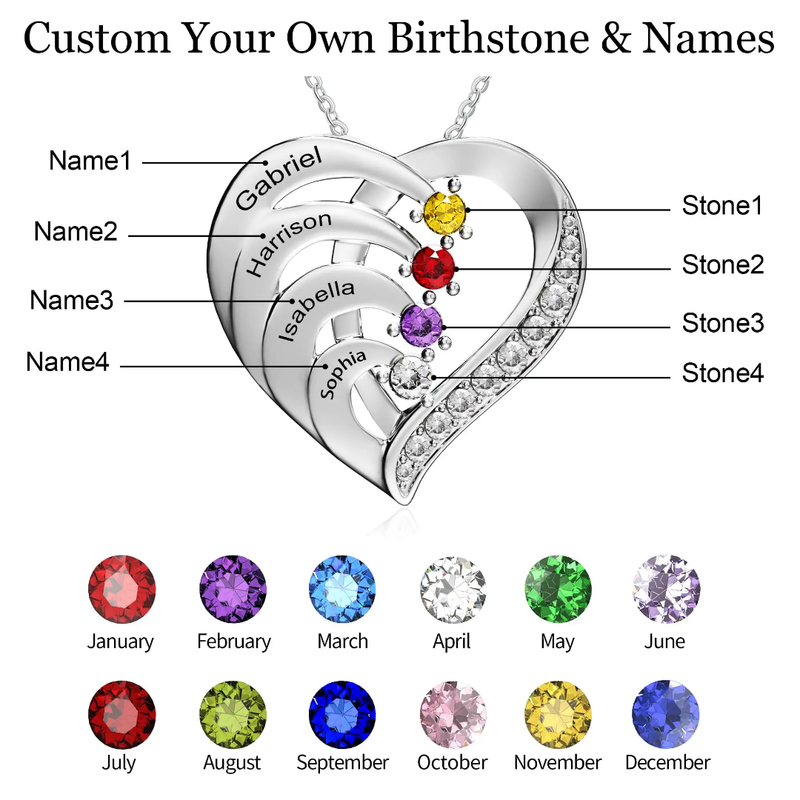 Crystal Birth Stone Heart 2-4 Name Pendant Engrave Necklace