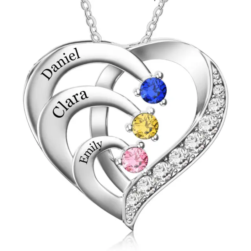 Crystal Birth Stone Heart 2-4 Name Pendant Engrave Necklace