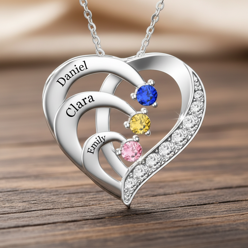 Crystal Birthstone Heart Necklace with 2 to 4 Names