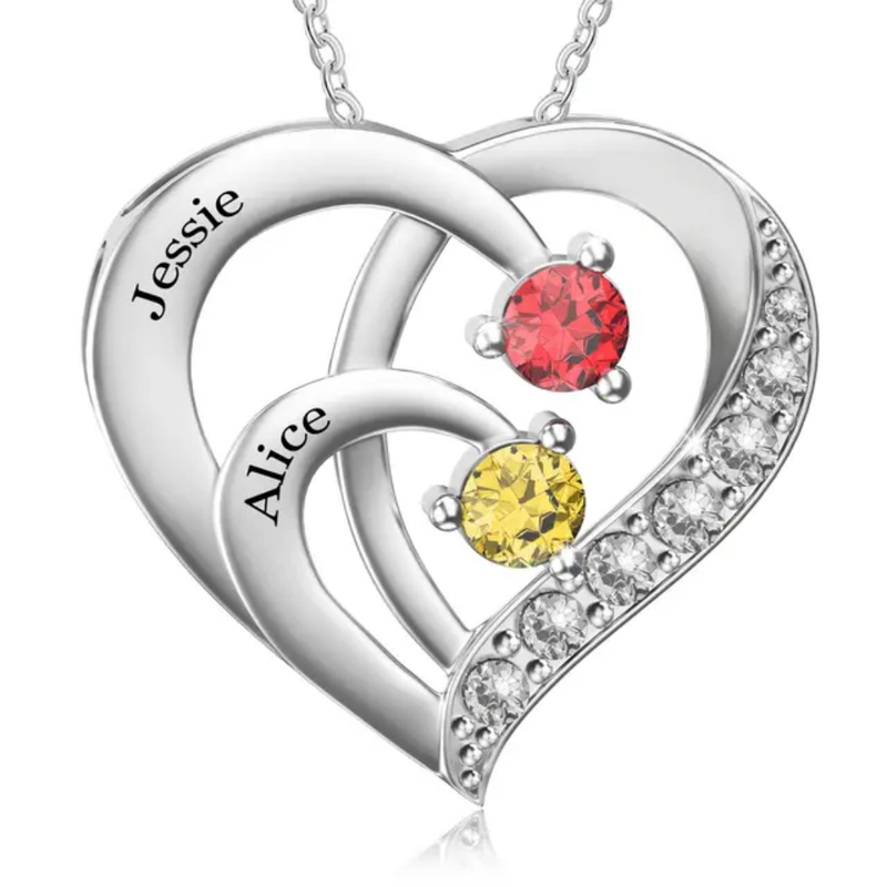 Crystal Birth Stone Heart 2-4 Name Pendant Engrave Necklace
