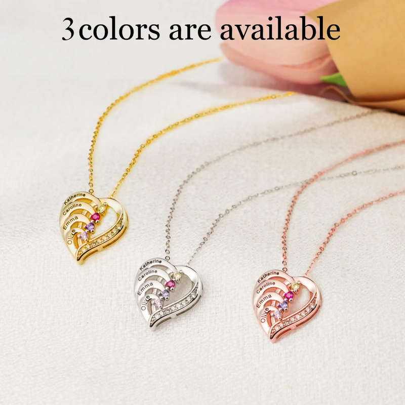 Crystal Birth Stone Heart 2-4 Name Pendant Engrave Necklace